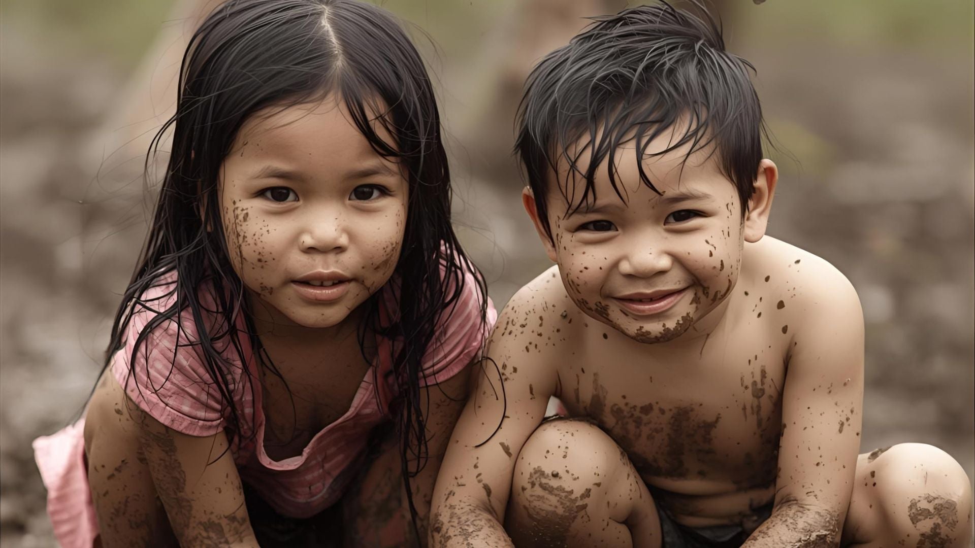 Diverse children laughing and playing in the mud, representing Earth & Halo's stance on letting kids be kids.