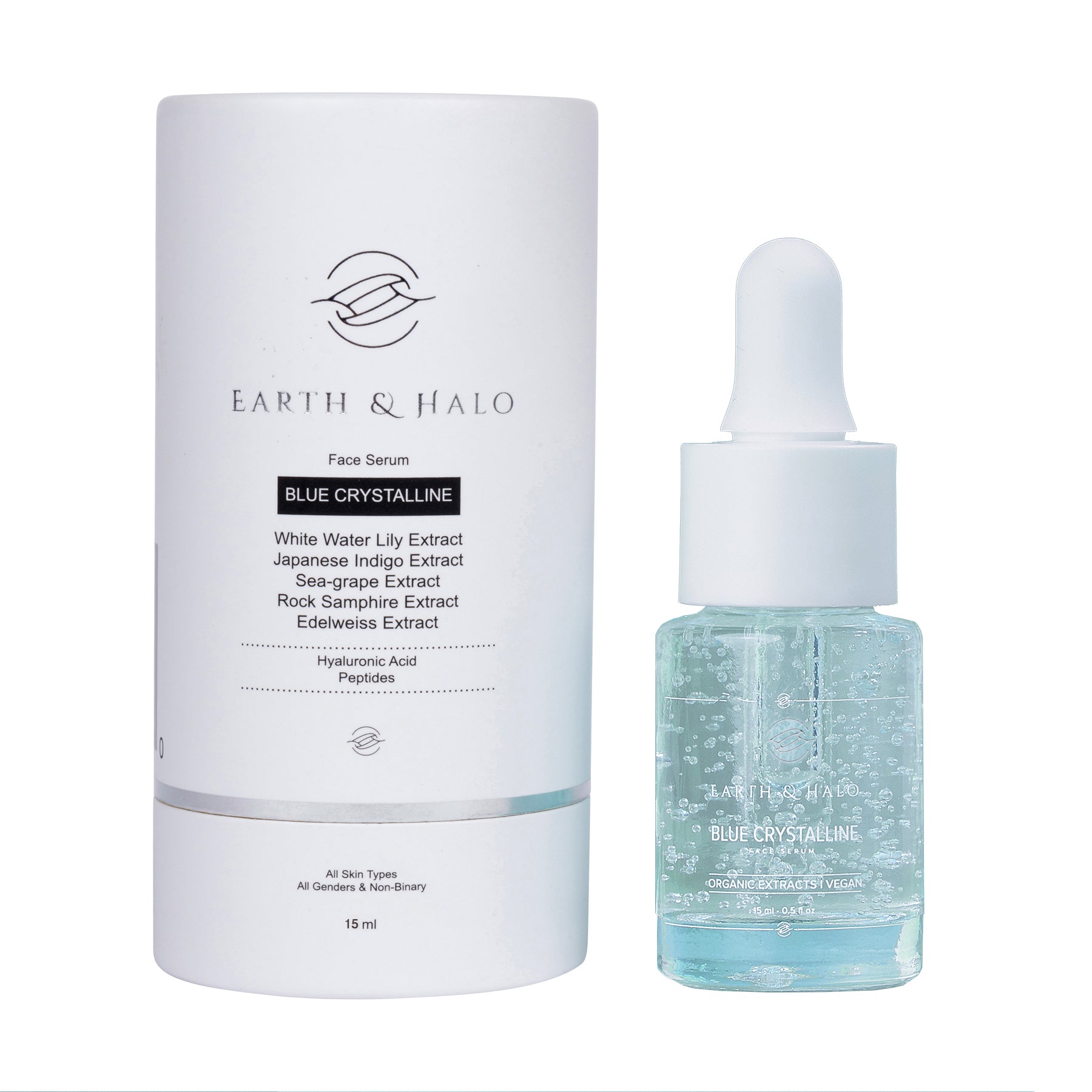 15ML Blue Crystalline Face Serum in a sleek glass dropper bottle, Earth & Halo’s travel-friendly skincare solution for radiant, hydrated skin on the go.