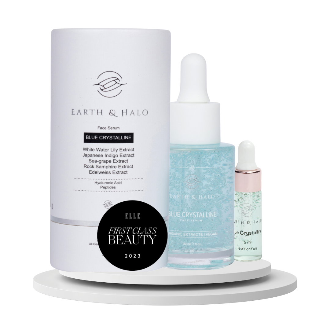 Glow On-The-Go Bundle by Earth & Halo featuring full-size and travel-size Blue Crystalline Face Serums—designed for radiant, youthful skin at home or on the go.