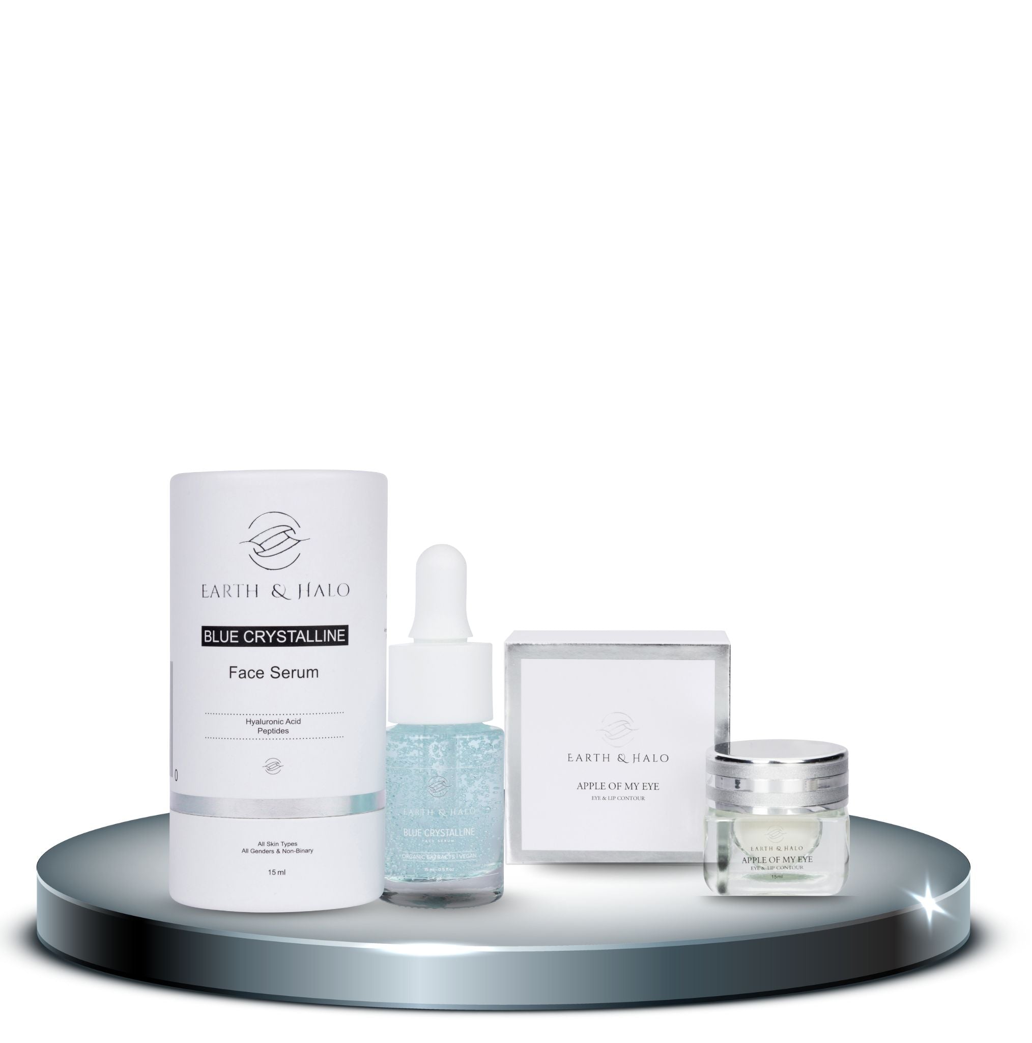 Travel size luxury skincare duo for deep hydration, eye depuffing, and blue light protection, ideal for in-flight barrier repair.