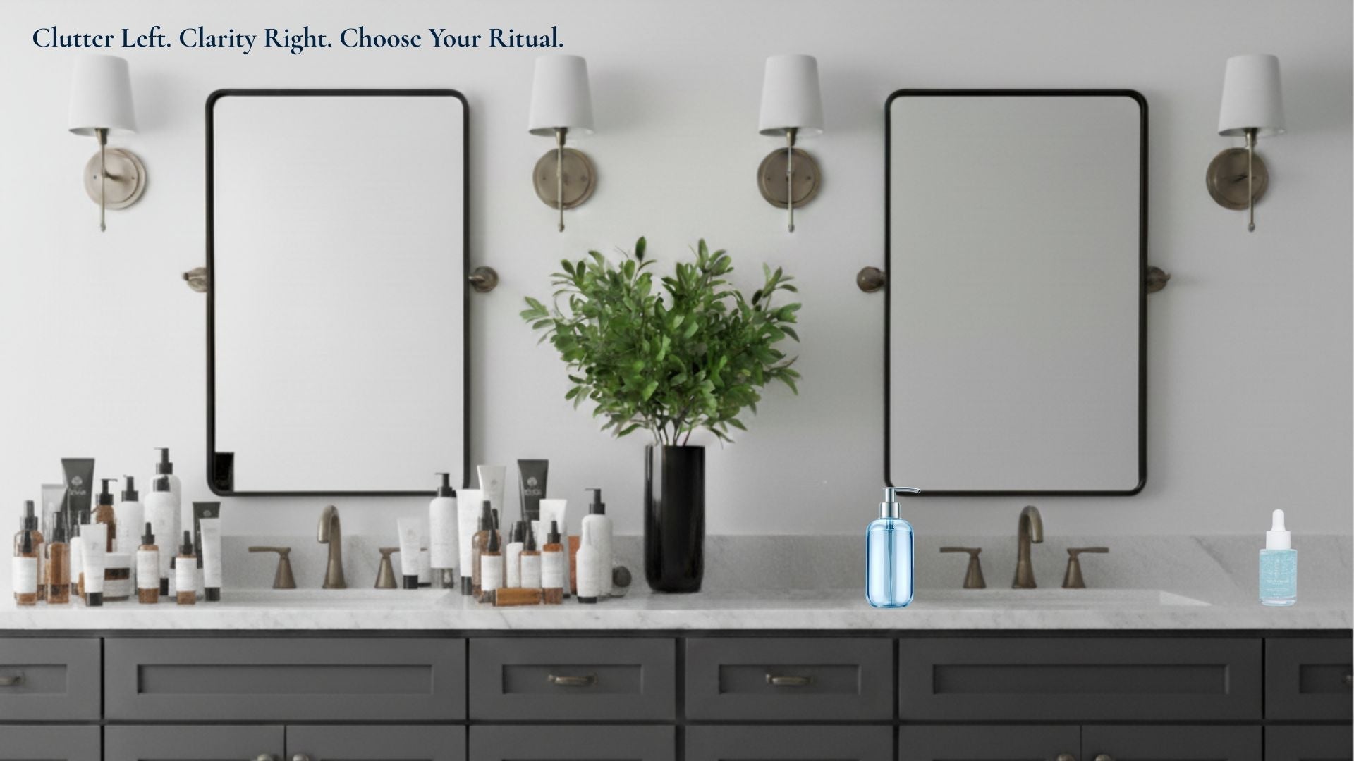 A bathroom vanity with two sinks. The left side is cluttered with dozens of skincare products. The right side is clean, showing only a single serum bottle. Text reads 'Clutter Left. Clarity Right. Choose Your Ritual.'