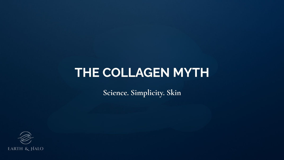Minimalist skincare background in Earth & Halo’s blue tone featuring text: The Collagen Myth — Science. Simplicity. Skin. A clean, clinical theme highlighting intelligent skincare philosophy.