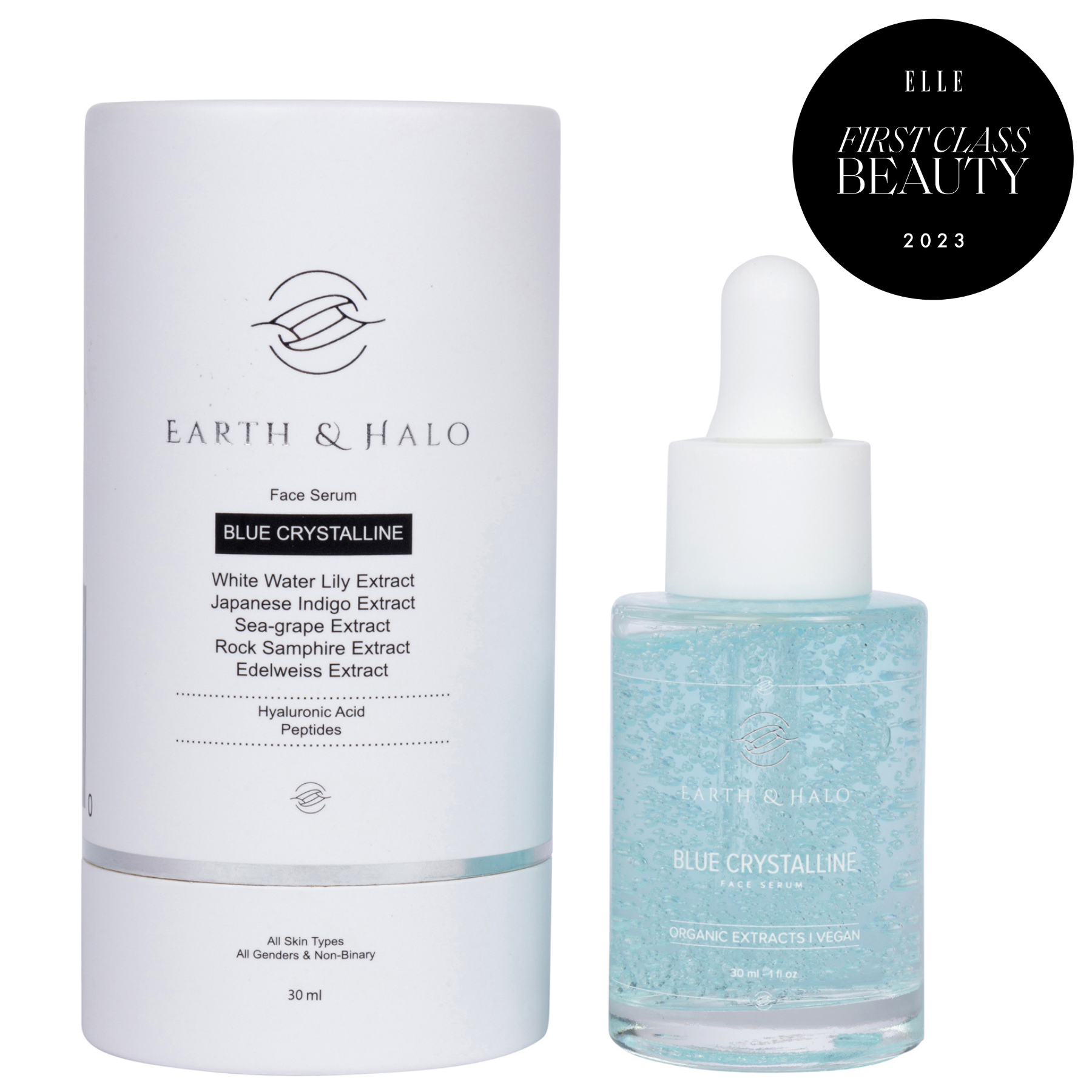 Earth & Halo Blue Crystalline Face Serum 30 ml with botanical extracts, peptides, and hyaluronic acid