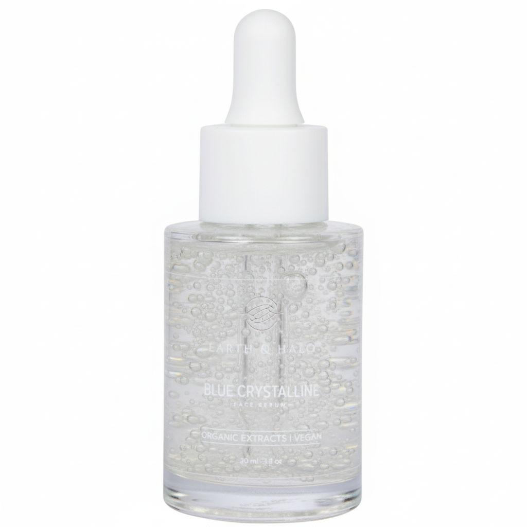 Earth & Halo Blue Crystalline Pro 30 ml clear professional face serum with peptides and four-weight hyaluronic acid