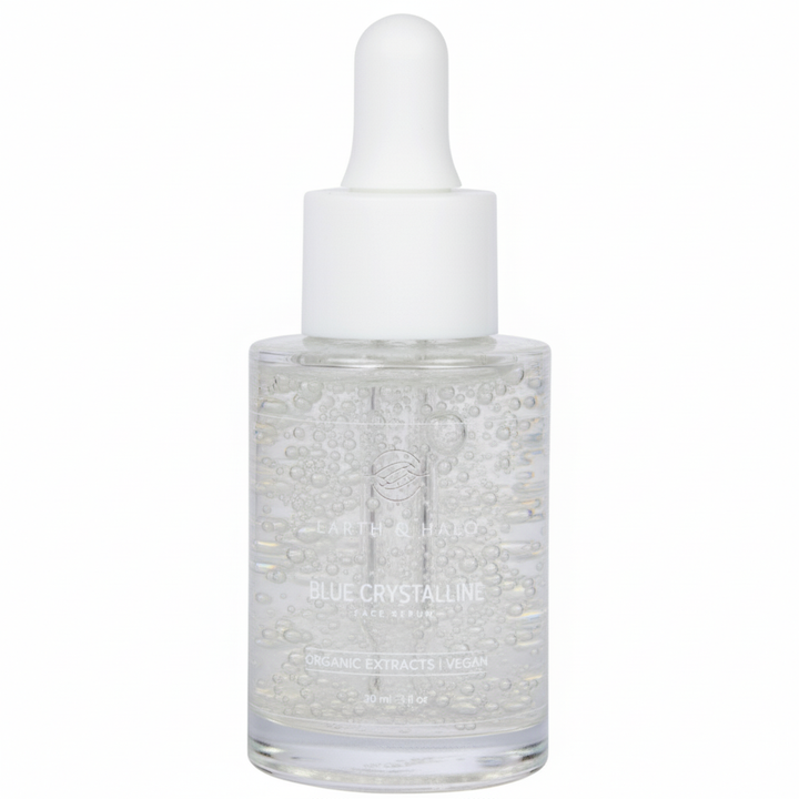 Earth & Halo Blue Crystalline Pro 30 ml clear professional face serum with peptides and four-weight hyaluronic acid