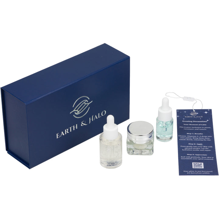 Earth & Halo skincare ritual featuring Blue Crystalline serums and Apple Of My Eye contour care